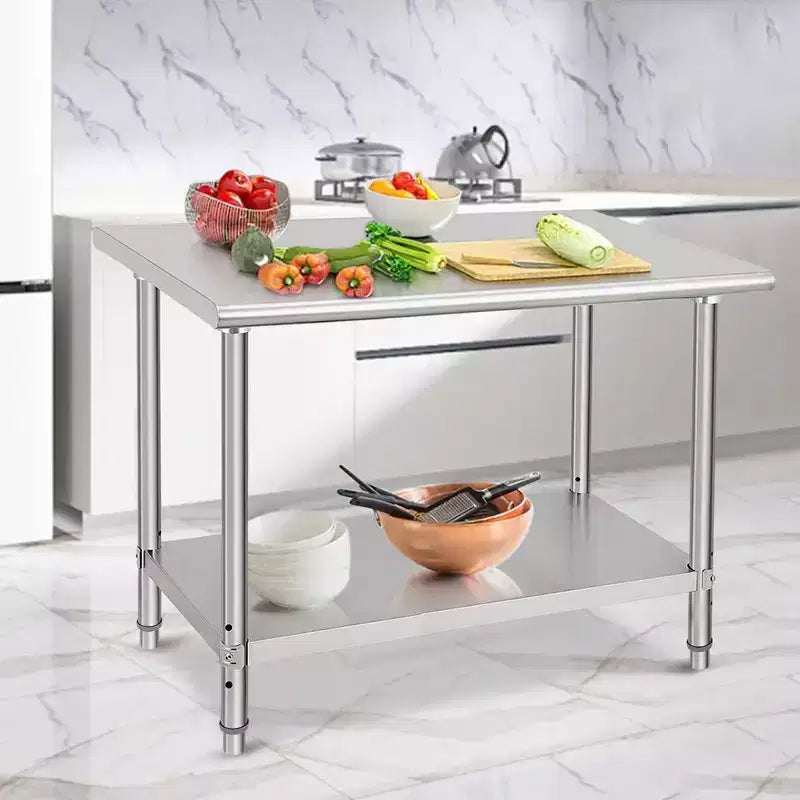 Table de préparation en acier inoxydable, 48 x 24 pouces, table de travail et de préparation de cuisine commerciale avec étagère inférieure réglable, plan de travail en métal, avec dosseret