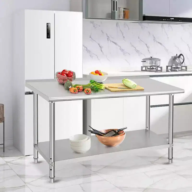 Table de préparation en acier inoxydable, 48 x 24 pouces, table de travail et de préparation de cuisine commerciale avec étagère inférieure réglable, plan de travail en métal, avec dosseret