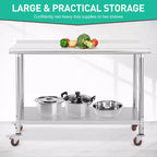 Table de préparation en acier inoxydable, 48 x 24 pouces, table de travail et de préparation de cuisine commerciale avec étagère inférieure réglable, plan de travail en métal, avec dosseret