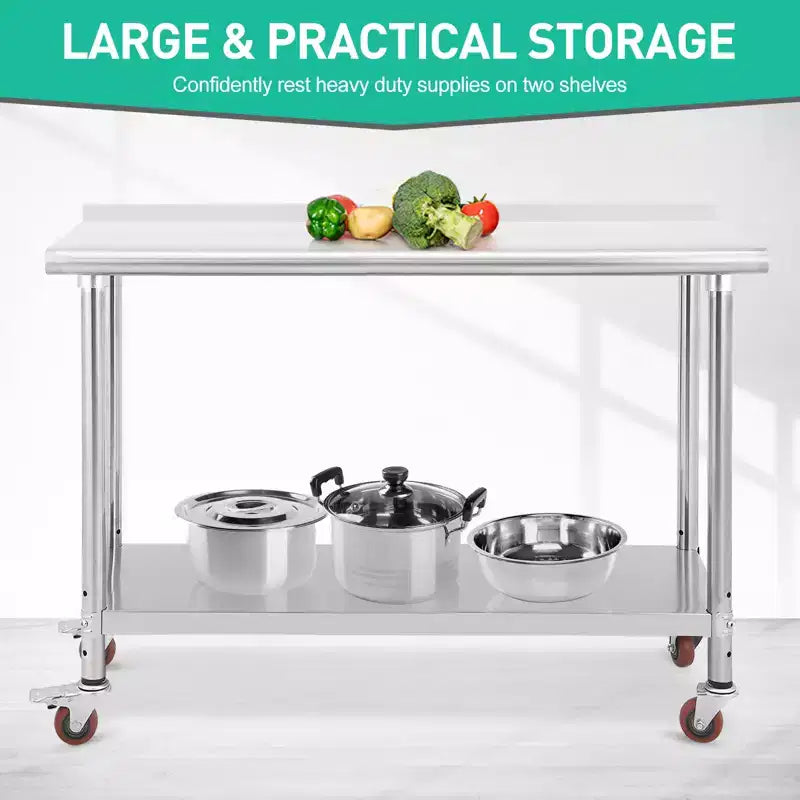 Table de préparation en acier inoxydable, 48 x 24 pouces, table de travail et de préparation de cuisine commerciale avec étagère inférieure réglable, plan de travail en métal, avec dosseret