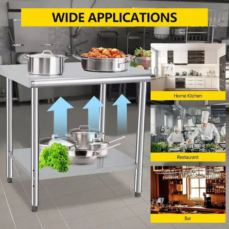 Table de préparation en acier inoxydable, 48 x 24 pouces, table de travail et de préparation de cuisine commerciale avec étagère inférieure réglable, plan de travail en métal, avec dosseret