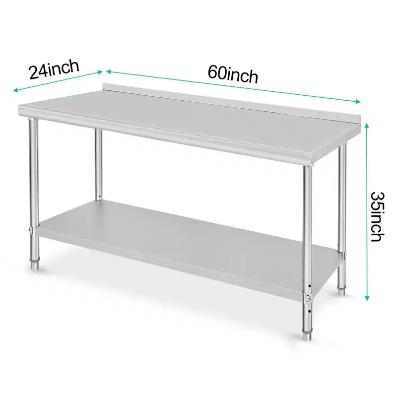Table de préparation en acier inoxydable, 48 x 24 pouces, table de travail et de préparation de cuisine commerciale avec étagère inférieure réglable, plan de travail en métal, avec dosseret