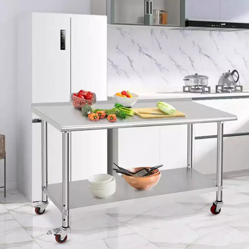 Table de préparation en acier inoxydable, 48 x 24 pouces, table de travail et de préparation de cuisine commerciale avec étagère inférieure réglable, plan de travail en métal, avec dosseret