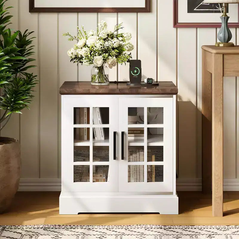 Table d'appoint moderne avec station de charge, porte en verre réglable et rangement de chevet