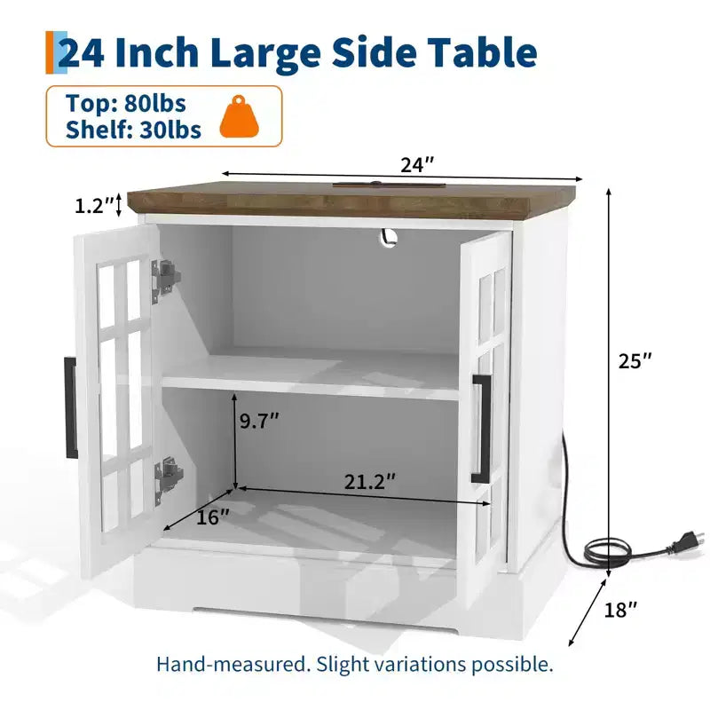 Table d'appoint moderne avec station de charge, porte en verre réglable et rangement de chevet