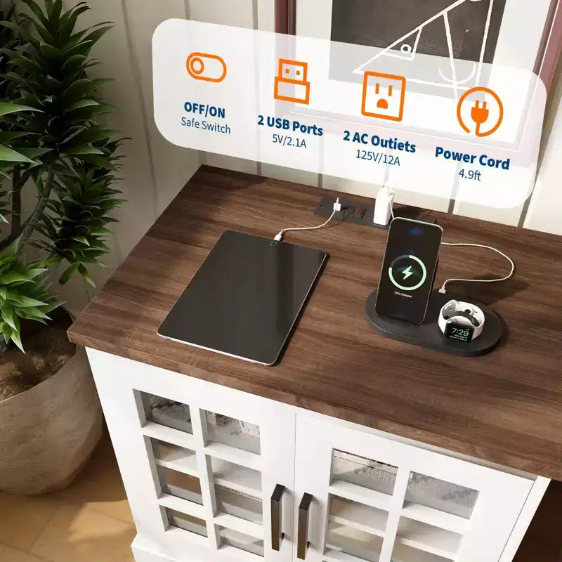 Table d'appoint moderne avec station de charge, porte en verre réglable et rangement de chevet