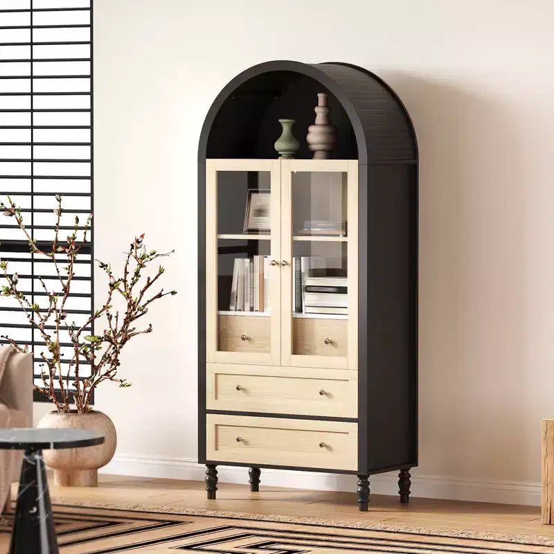 Arched Pantry Cabinet, Kitchen Cabinet with 3 Drawers, Adjustable Shelf, Tempered Glass Doors, Arched Bookshelf for Kitchen Dining Living Room