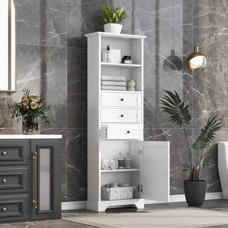 Meuble de salle de bain blanc de 91 cm avec lavabo, 2 portes et 3 tiroirs – Bois massif