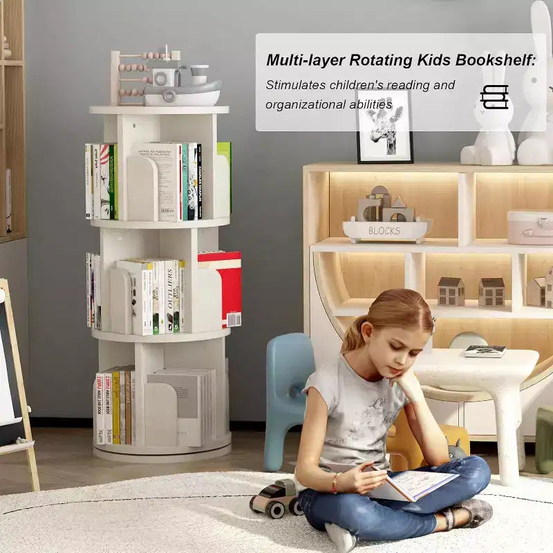 Bibliothèque rotative à 3 niveaux, tour rotative en bois à 360°, bibliothèque étroite verticale pour enfants et adultes, organisateur pour chambre et salon