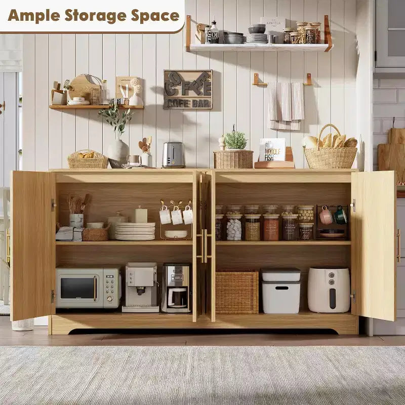 Buffet enfilade de 150 cm avec 4 portes en rotin, console moderne, meuble de bar à café pour salon, cuisine, salle à manger