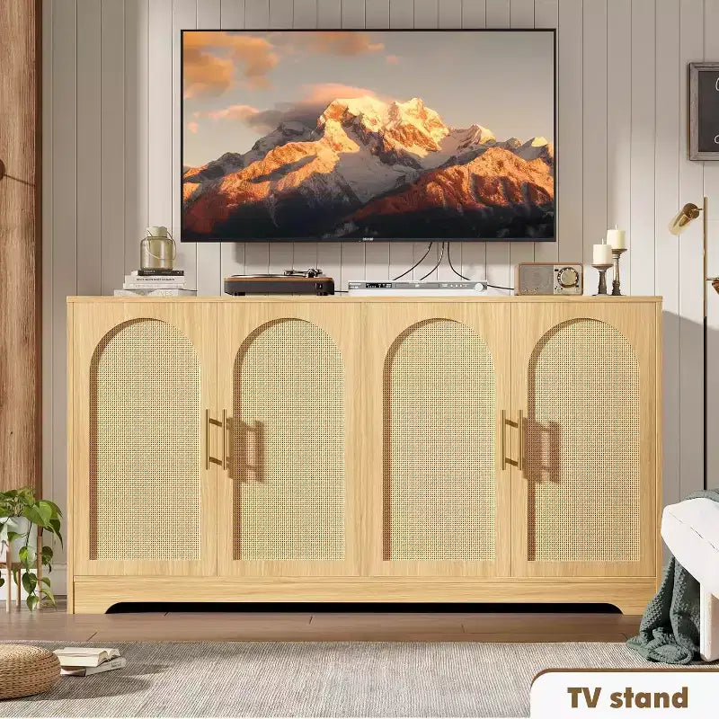 Buffet enfilade de 150 cm avec 4 portes en rotin, console moderne, meuble de bar à café pour salon, cuisine, salle à manger