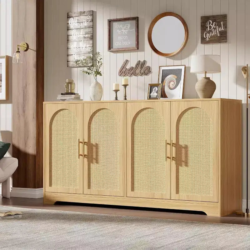 Buffet enfilade de 150 cm avec 4 portes en rotin, console moderne, meuble de bar à café pour salon, cuisine, salle à manger