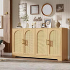 Buffet enfilade de 150 cm avec 4 portes en rotin, console moderne, meuble de bar à café pour salon, cuisine, salle à manger