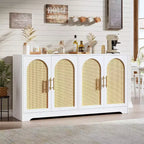 Buffet enfilade de 150 cm avec 4 portes en rotin, console moderne, meuble de bar à café pour salon, cuisine, salle à manger