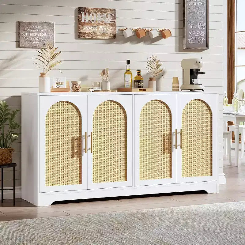Buffet enfilade de 150 cm avec 4 portes en rotin, console moderne, meuble de bar à café pour salon, cuisine, salle à manger