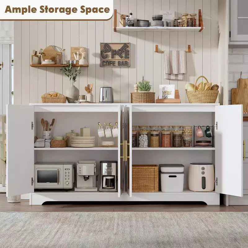 Buffet enfilade de 150 cm avec 4 portes en rotin, console moderne, meuble de bar à café pour salon, cuisine, salle à manger