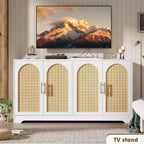 Buffet enfilade de 150 cm avec 4 portes en rotin, console moderne, meuble de bar à café pour salon, cuisine, salle à manger