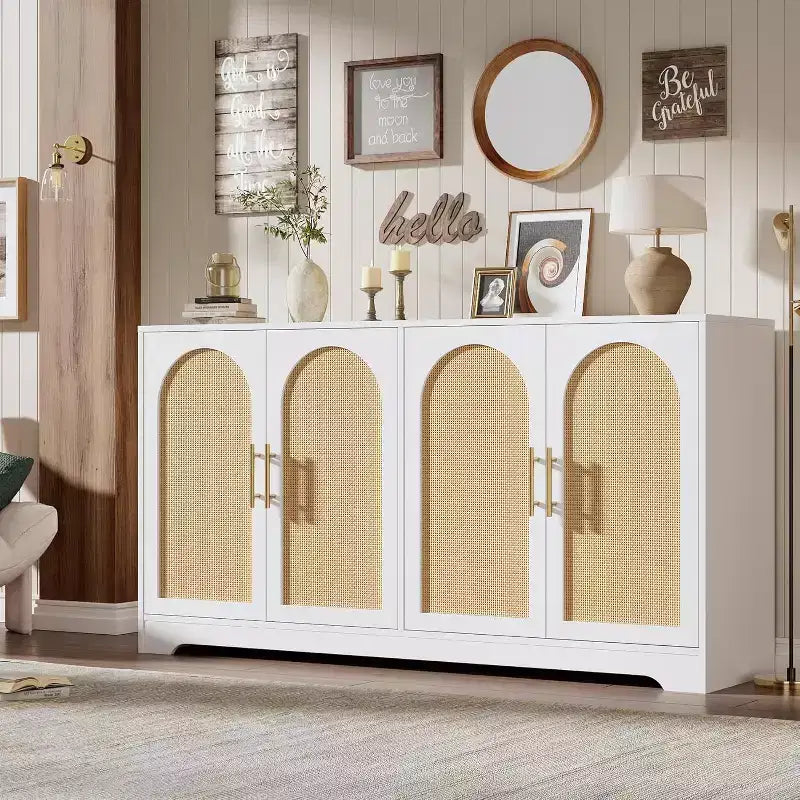 Buffet enfilade de 150 cm avec 4 portes en rotin, console moderne, meuble de bar à café pour salon, cuisine, salle à manger