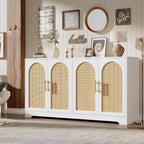 Buffet enfilade de 150 cm avec 4 portes en rotin, console moderne, meuble de bar à café pour salon, cuisine, salle à manger