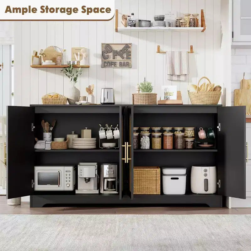 Buffet enfilade de 150 cm avec 4 portes en rotin, console moderne, meuble de bar à café pour salon, cuisine, salle à manger