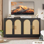 Buffet enfilade de 150 cm avec 4 portes en rotin, console moderne, meuble de bar à café pour salon, cuisine, salle à manger