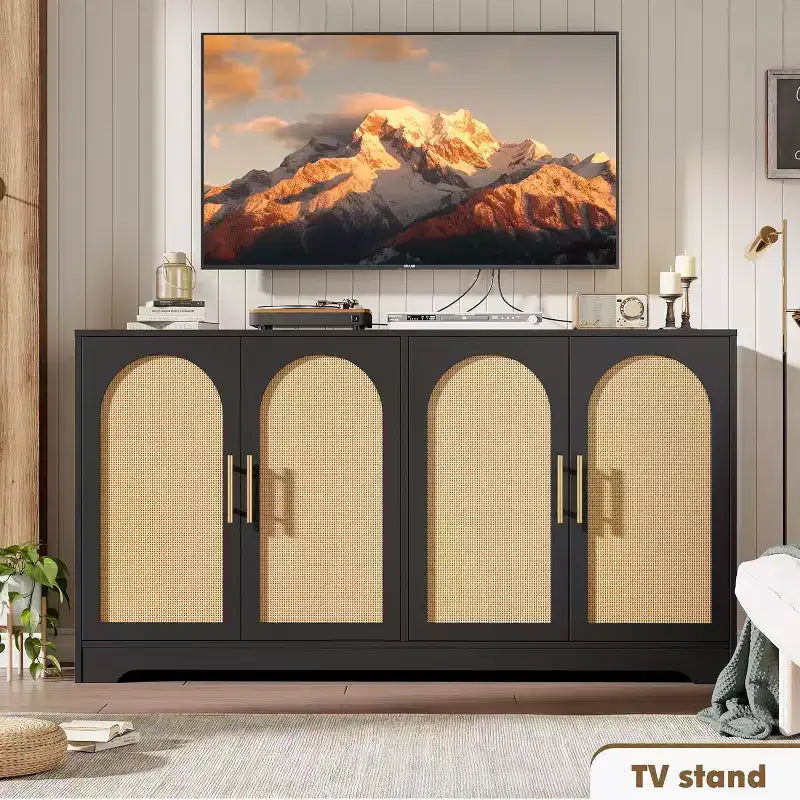 Buffet enfilade de 150 cm avec 4 portes en rotin, console moderne, meuble de bar à café pour salon, cuisine, salle à manger