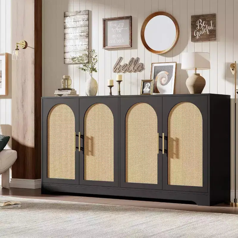 Buffet enfilade de 150 cm avec 4 portes en rotin, console moderne, meuble de bar à café pour salon, cuisine, salle à manger