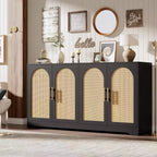 Buffet enfilade de 150 cm avec 4 portes en rotin, console moderne, meuble de bar à café pour salon, cuisine, salle à manger