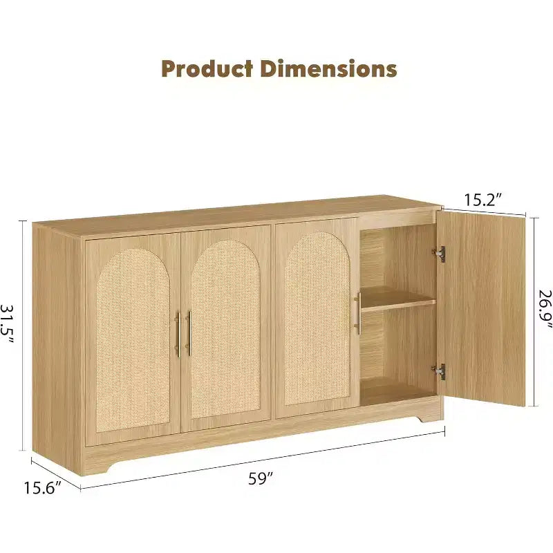 Buffet enfilade de 150 cm avec 4 portes en rotin, console moderne, meuble de bar à café pour salon, cuisine, salle à manger