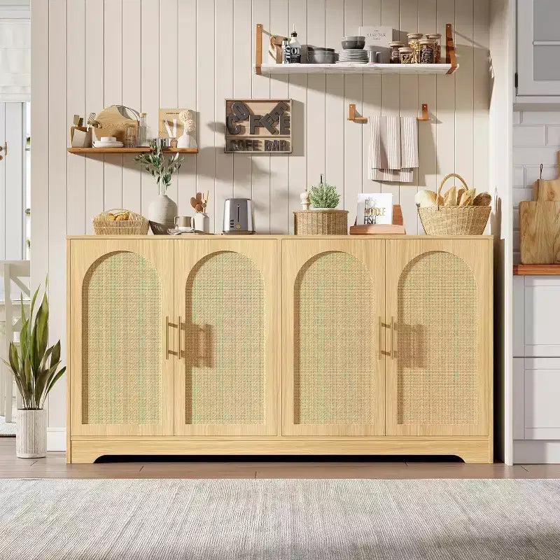 Buffet enfilade de 150 cm avec 4 portes en rotin, console moderne, meuble de bar à café pour salon, cuisine, salle à manger