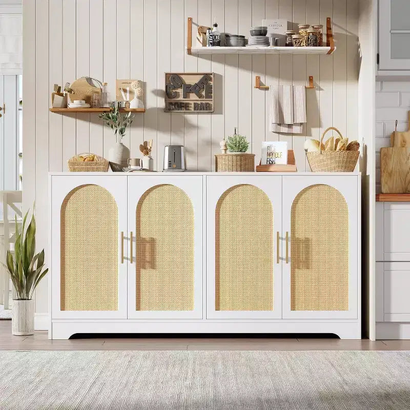 Buffet enfilade de 150 cm avec 4 portes en rotin, console moderne, meuble de bar à café pour salon, cuisine, salle à manger
