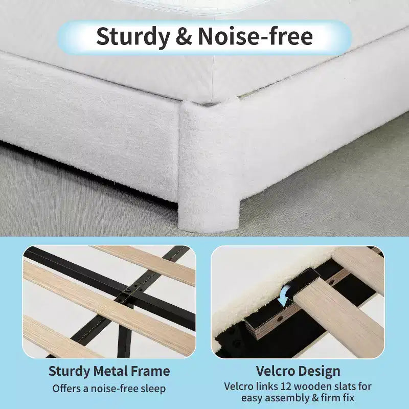 Lit plateforme en tissu bouclette avec tête de lit réglable – Angles arrondis