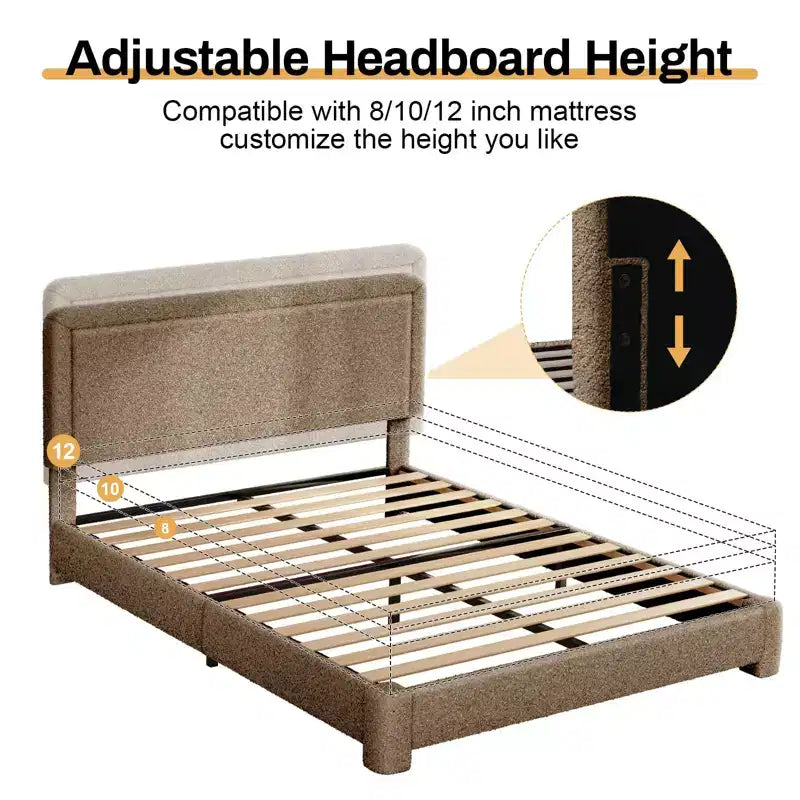 Lit plateforme en tissu bouclette avec tête de lit réglable – Angles arrondis