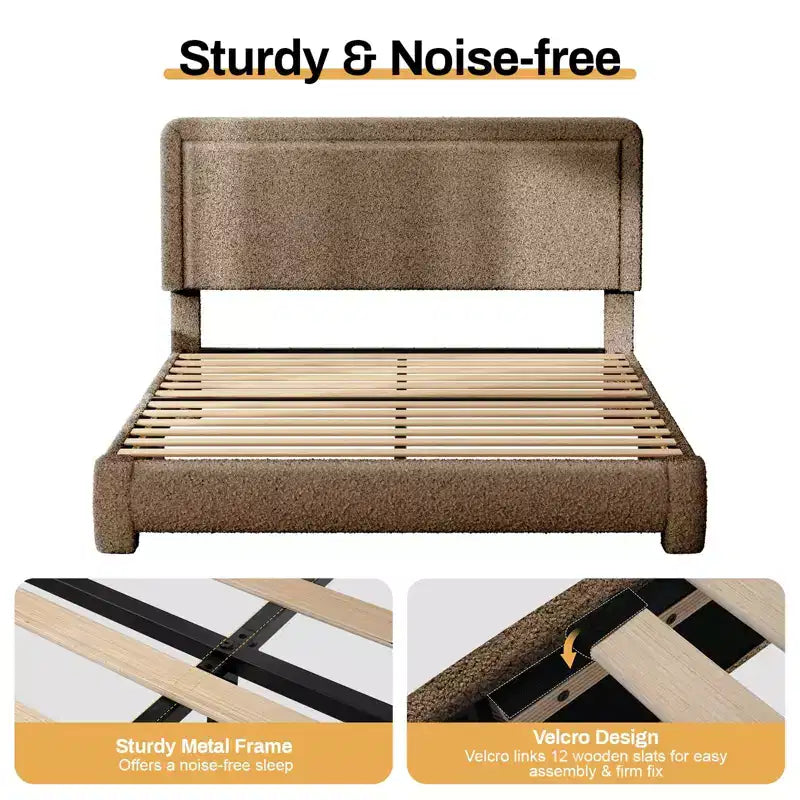 Lit plateforme en tissu bouclette avec tête de lit réglable – Angles arrondis