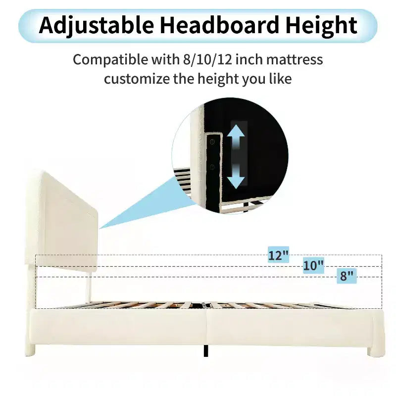 Lit plateforme en tissu bouclette avec tête de lit réglable – Angles arrondis