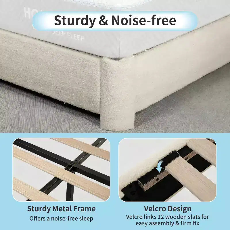 Lit plateforme en tissu bouclette avec tête de lit réglable – Angles arrondis