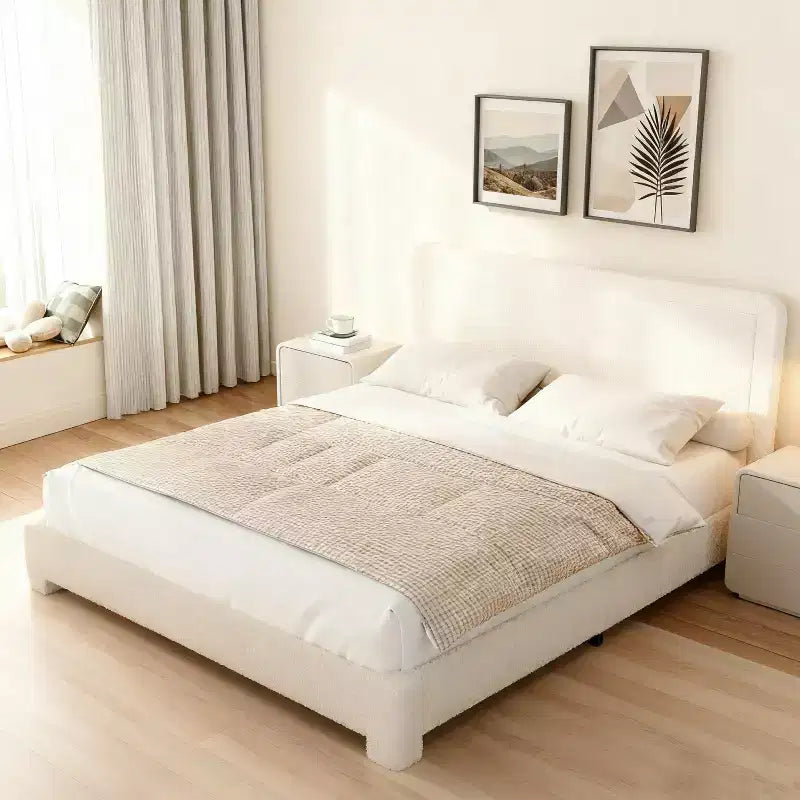 Lit plateforme en tissu bouclette avec tête de lit réglable – Angles arrondis