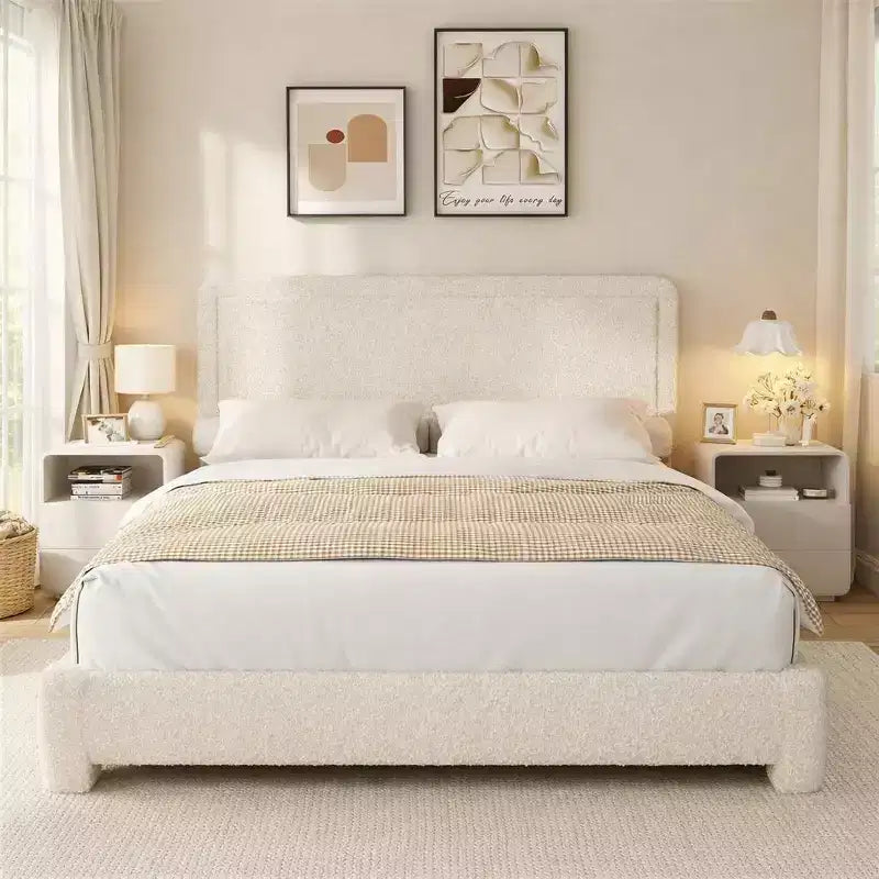 Dyonery Boucle Bed Frame with Adjustable Headboard, Soft Cloud Teddy Fabric Platform Bed with Rounded Corners & Quiet, Noise-Free Design
