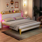 King Size White Bed Frame with RGB LED Lights and Charging Station, Upholstered Platform Bed with Storage Headboard, No Box Spring Needed