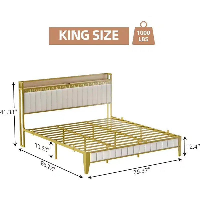 Cadre de lit King Size blanc avec lumières LED RGB et station de recharge, lit plateforme rembourré avec tête de lit de rangement, aucun sommier tapissier requis