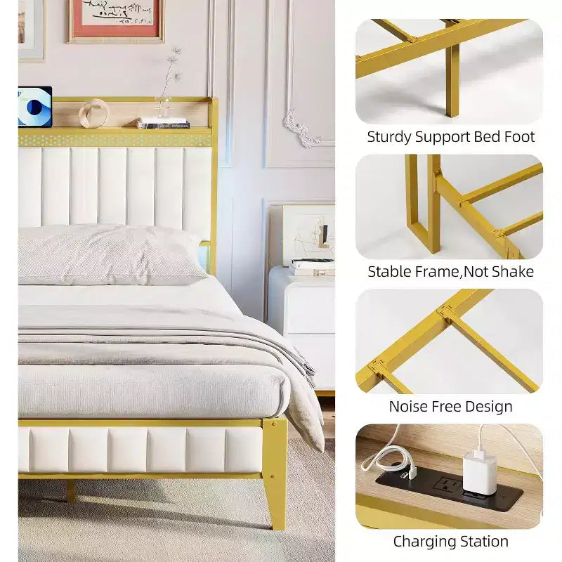 Cadre de lit King Size blanc avec lumières LED RGB et station de recharge, lit plateforme rembourré avec tête de lit de rangement, aucun sommier tapissier requis