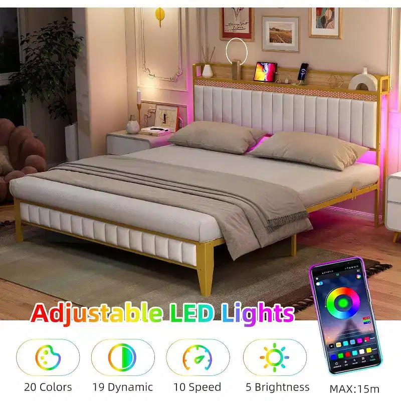 Cadre de lit King Size blanc avec lumières LED RGB et station de recharge, lit plateforme rembourré avec tête de lit de rangement, aucun sommier tapissier requis
