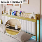 Cadre de lit King Size blanc avec lumières LED RGB et station de recharge, lit plateforme rembourré avec tête de lit de rangement, aucun sommier tapissier requis