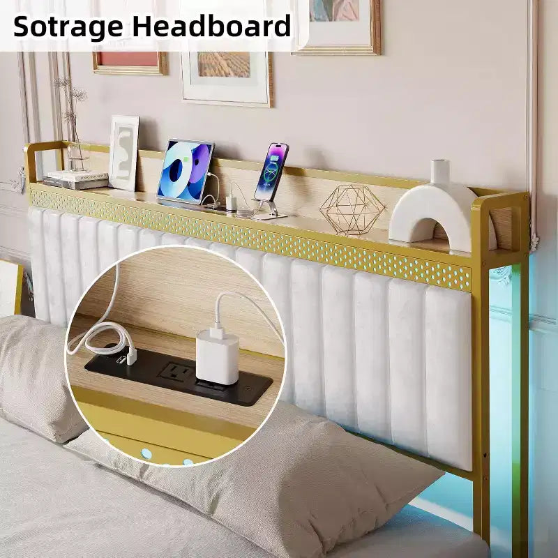 Cadre de lit King Size blanc avec lumières LED RGB et station de recharge, lit plateforme rembourré avec tête de lit de rangement, aucun sommier tapissier requis