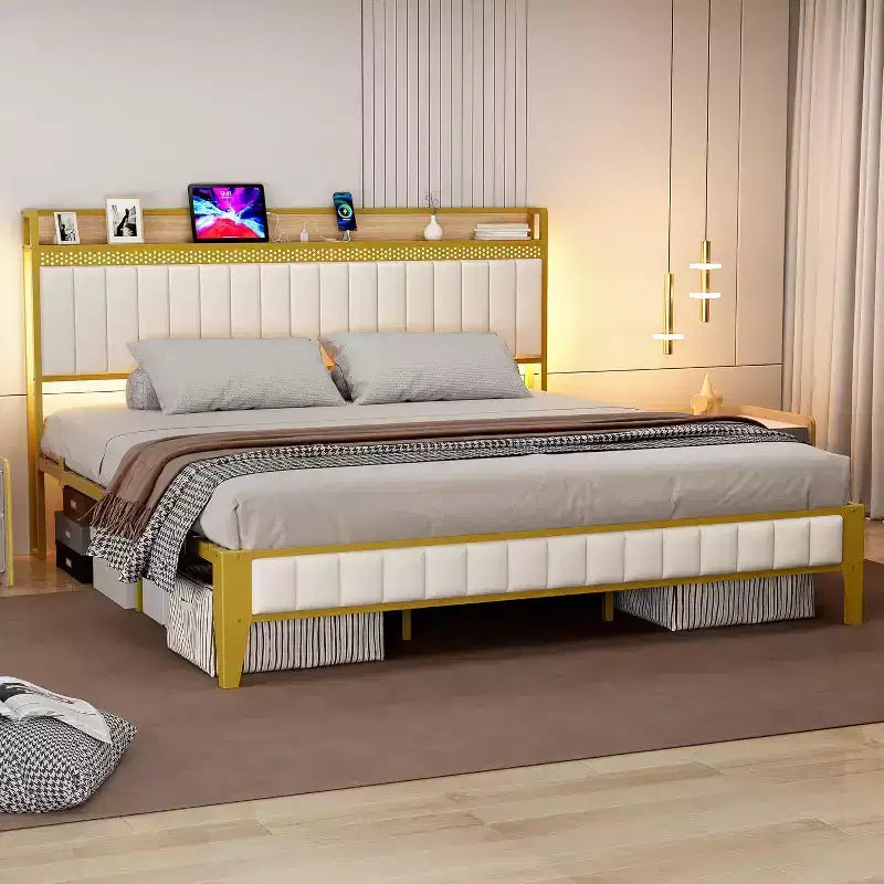 Cadre de lit King Size blanc avec lumières LED RGB et station de recharge, lit plateforme rembourré avec tête de lit de rangement, aucun sommier tapissier requis