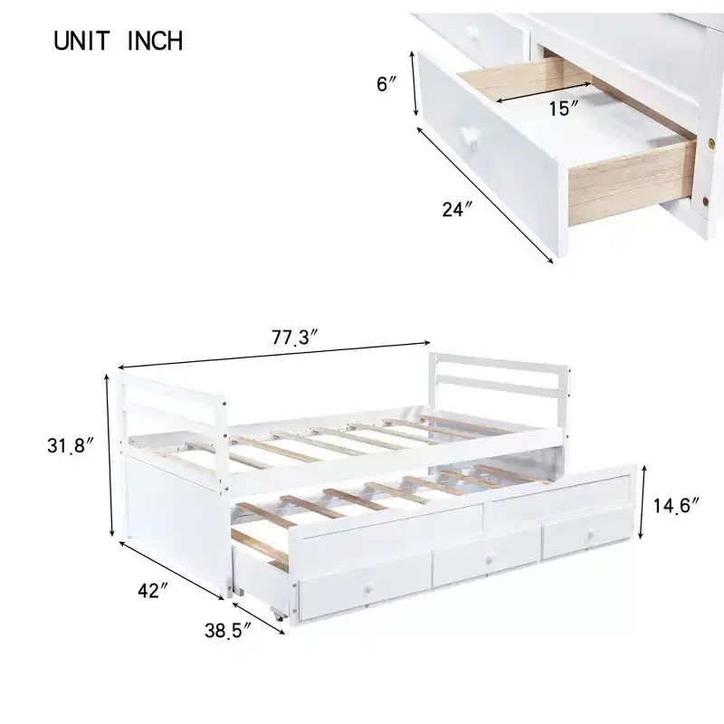 Lit double en pin avec tête de lit, lit gigogne et 3 tiroirs de rangement