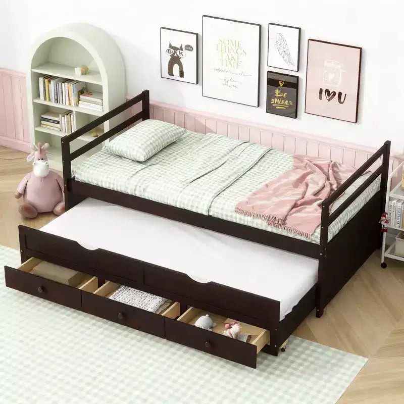Luxystar Twin Size Pine Wood Bed with Headboard, Trundle and 3 Storage Drawers for Bedroom and Guest Room