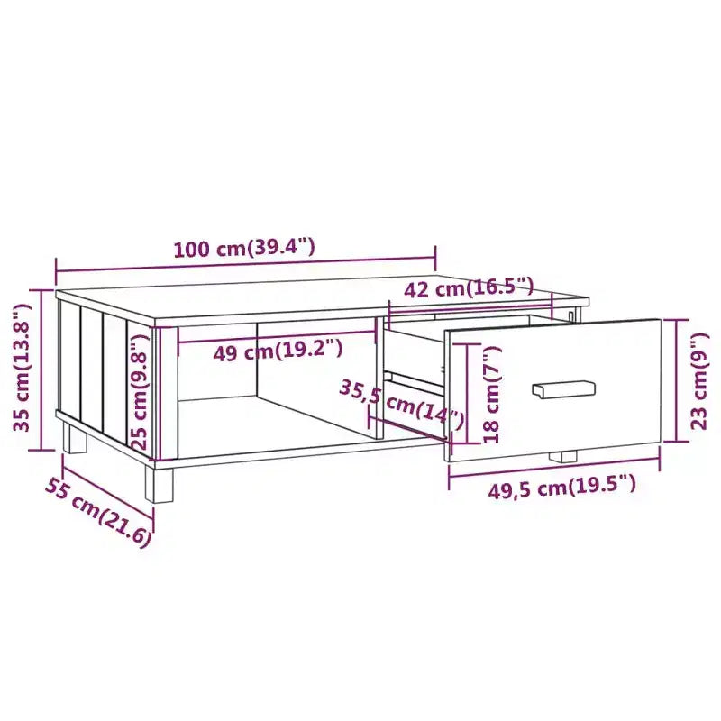 Table basse en pin massif 100 x 55 cm – Finition brun miel