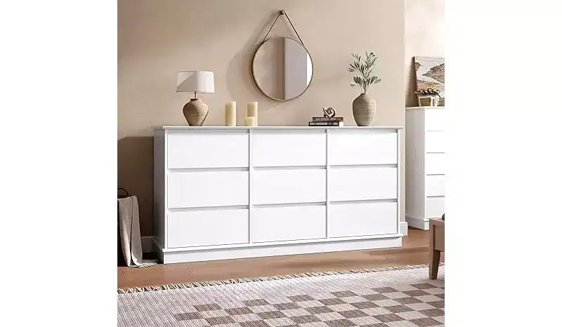 Commode à 9 tiroirs, chiffonnier avec tiroirs profonds, grande commode double pour placard avec plateau large, commode haute en bois pour salon et chambre