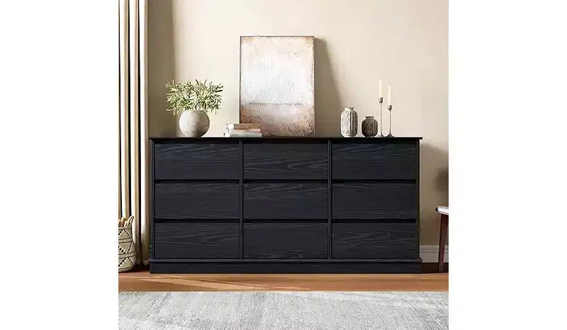 Commode à 9 tiroirs, chiffonnier avec tiroirs profonds, grande commode double pour placard avec plateau large, commode haute en bois pour salon et chambre